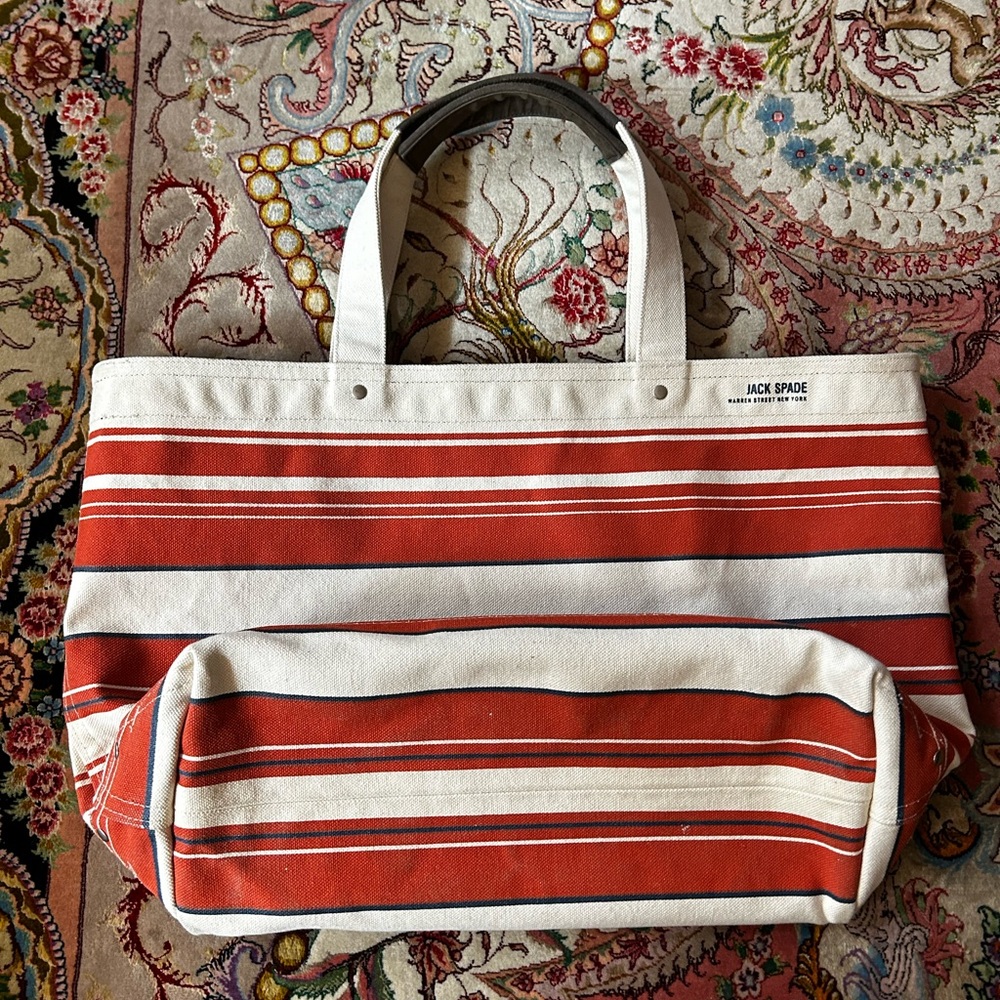 Jack Spade Large Canvas and Leather Orange Striped Tote - Picture 2 of 6
